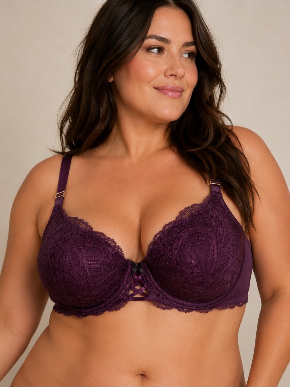 Cacique Lightly Lined French Balconette Bra 44DD Plum Lace Underwire Plus Size